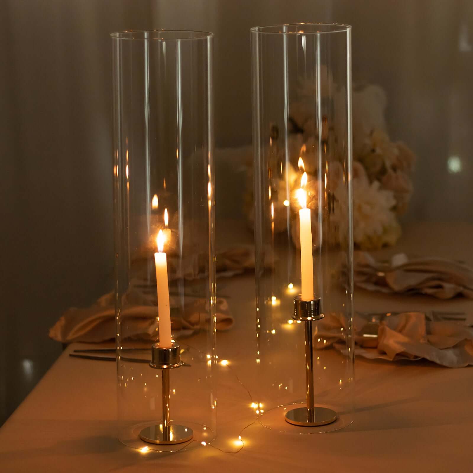 2-Pack Glass Candelabra Shades Open End Hurricane Design 24" Clear - Stylish Table Centerpiece for Weddings & Gatherings